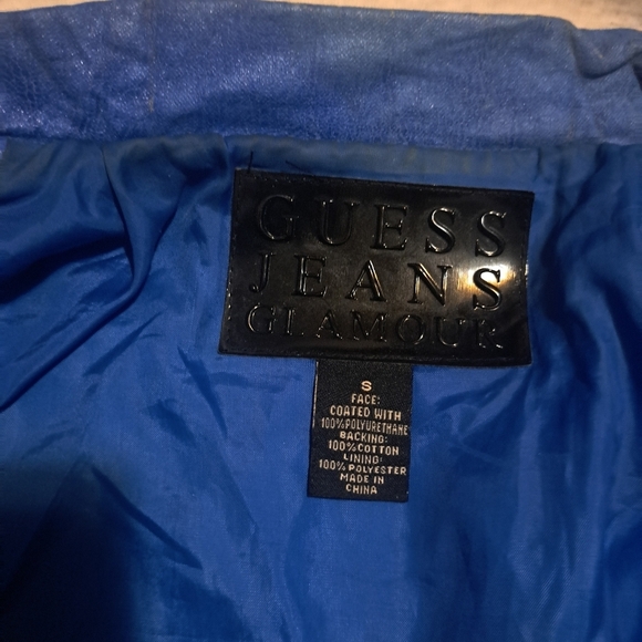 GUESS 90s Glamour vintage blue faux leather  jacket size small - Picture 2 of 7